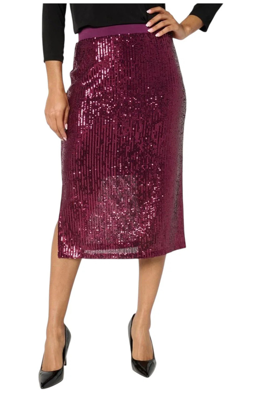Susan Graver Occasions Sequin Midi Pull-On Pencil Skirt Merlot - Regular